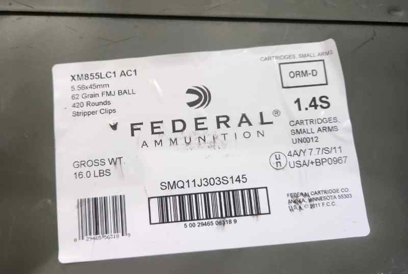 Fed 5.56 NATO 62gr Green tip FMJ 420rd SC XM855LC1